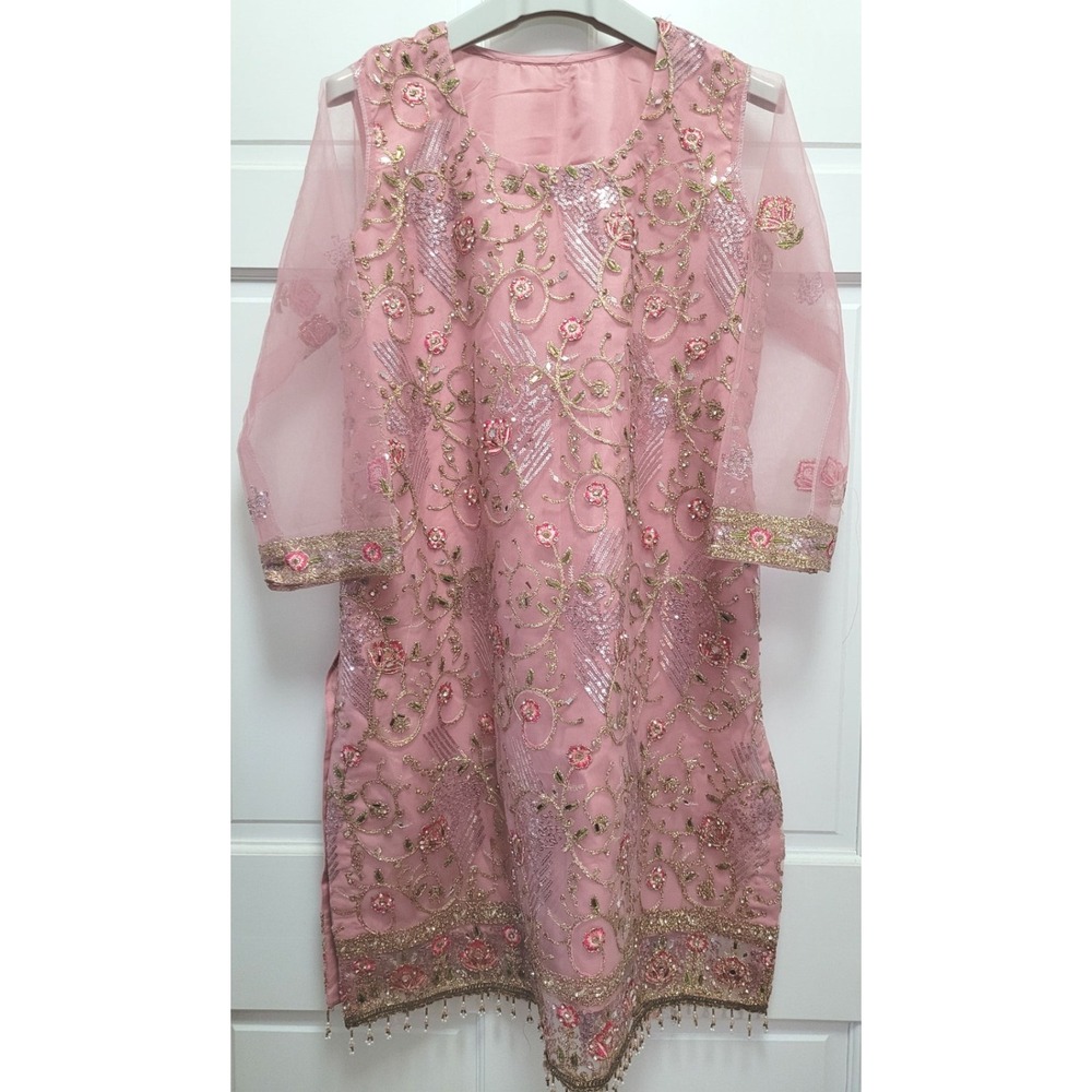 3pc Pink Sequin Beaded Salwar Kameez Set w/ Dupatta‎ - XL (47" Chest)
